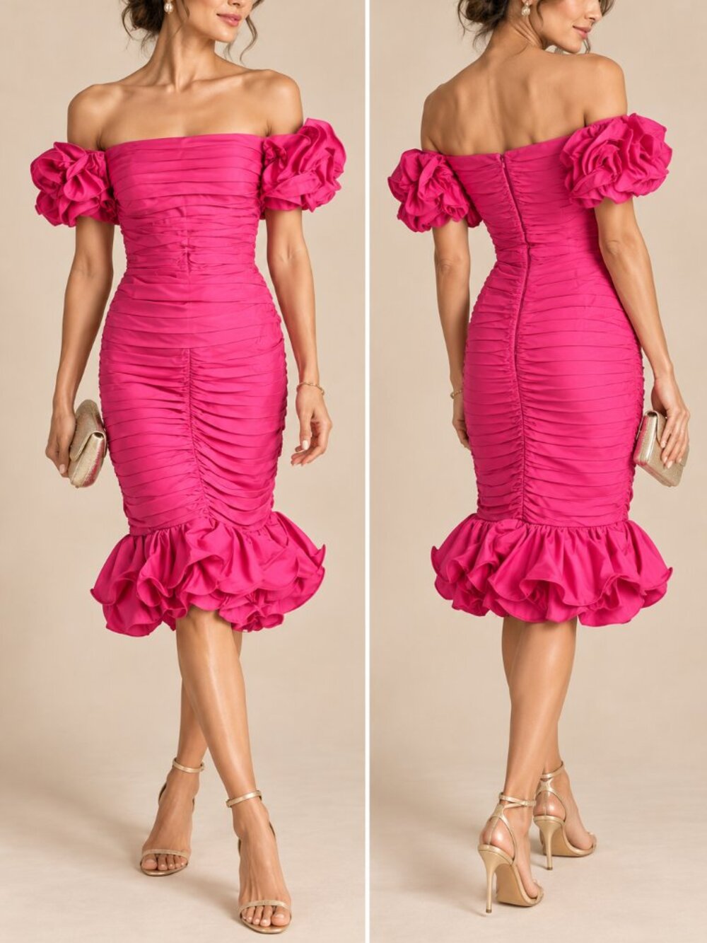 Vintage Tadashi Shoji Hot Pink Ruched Ruffle Cocktail Dress Size 4 USA